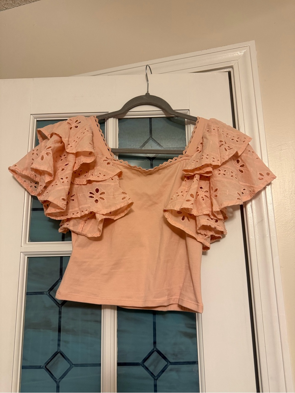 Express Peach Ruffle Eyelet Off-Shoulder Crop Top